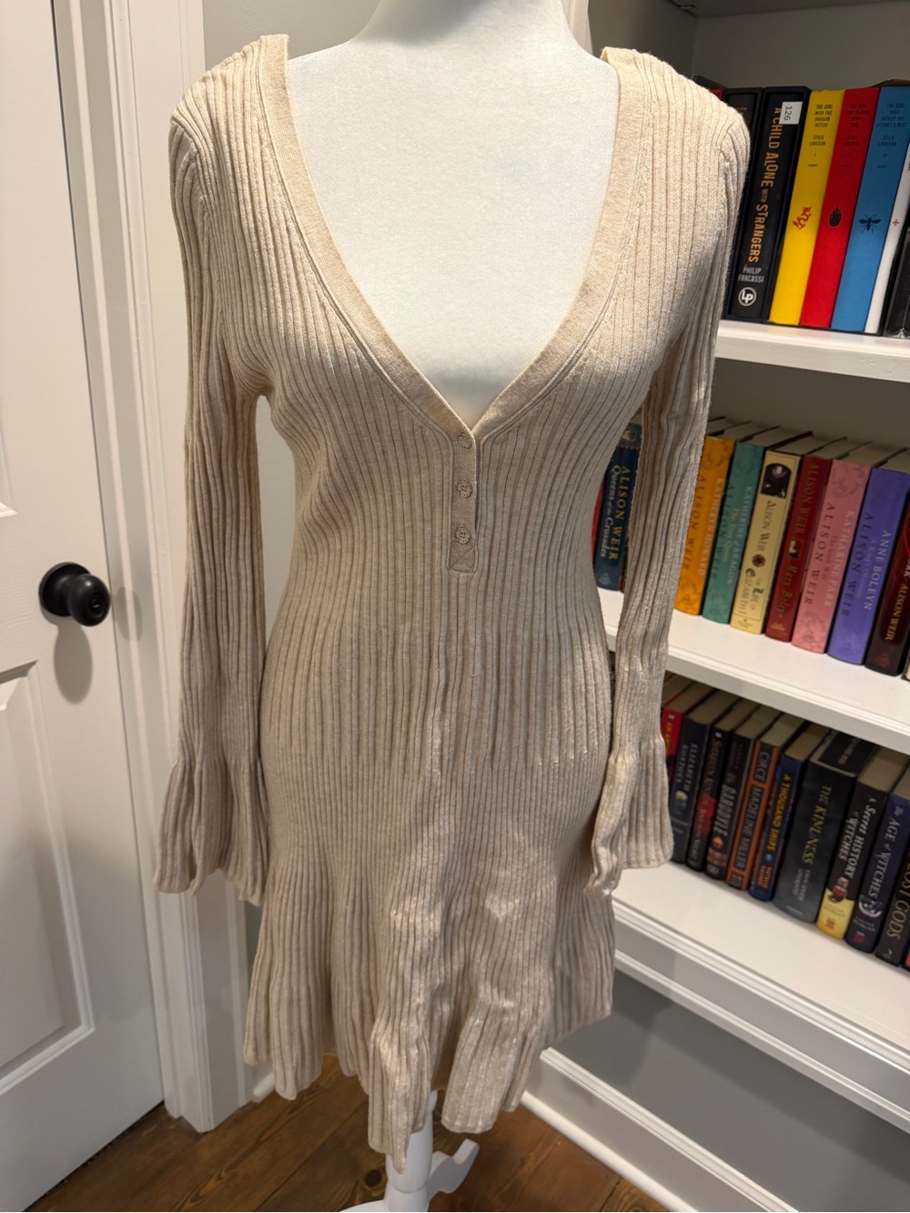 Anthropologie Cream Ribbed Knit Mini Dress